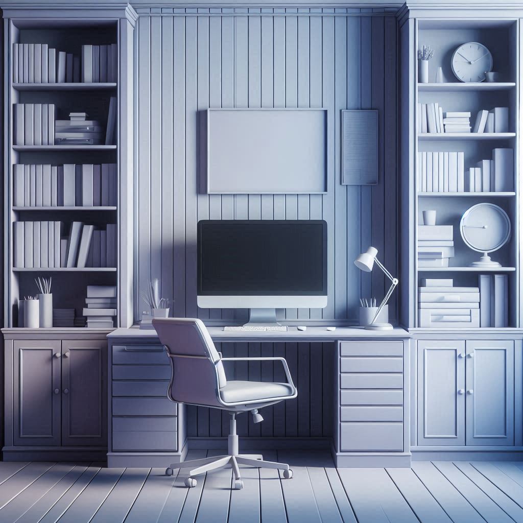 ealistic 3D image of an office room with a computer at desk and bookshelves, with periwinkle color used softly on the desk drawers